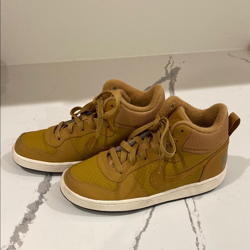 Tan High-Top Sneakers with White Soles and Suede Finish